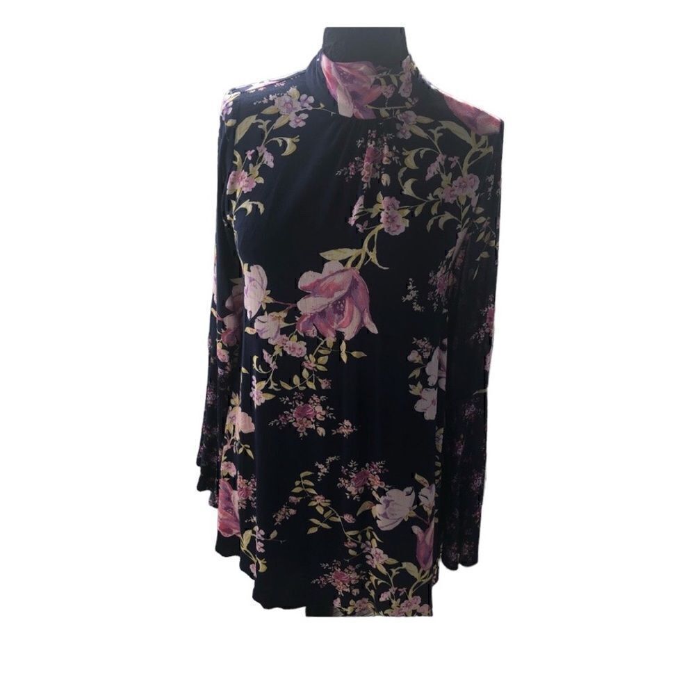 NWT FREE PROPLE Navy Blue Floral Print Mini Dress Flare Sleeves Open Back Size S